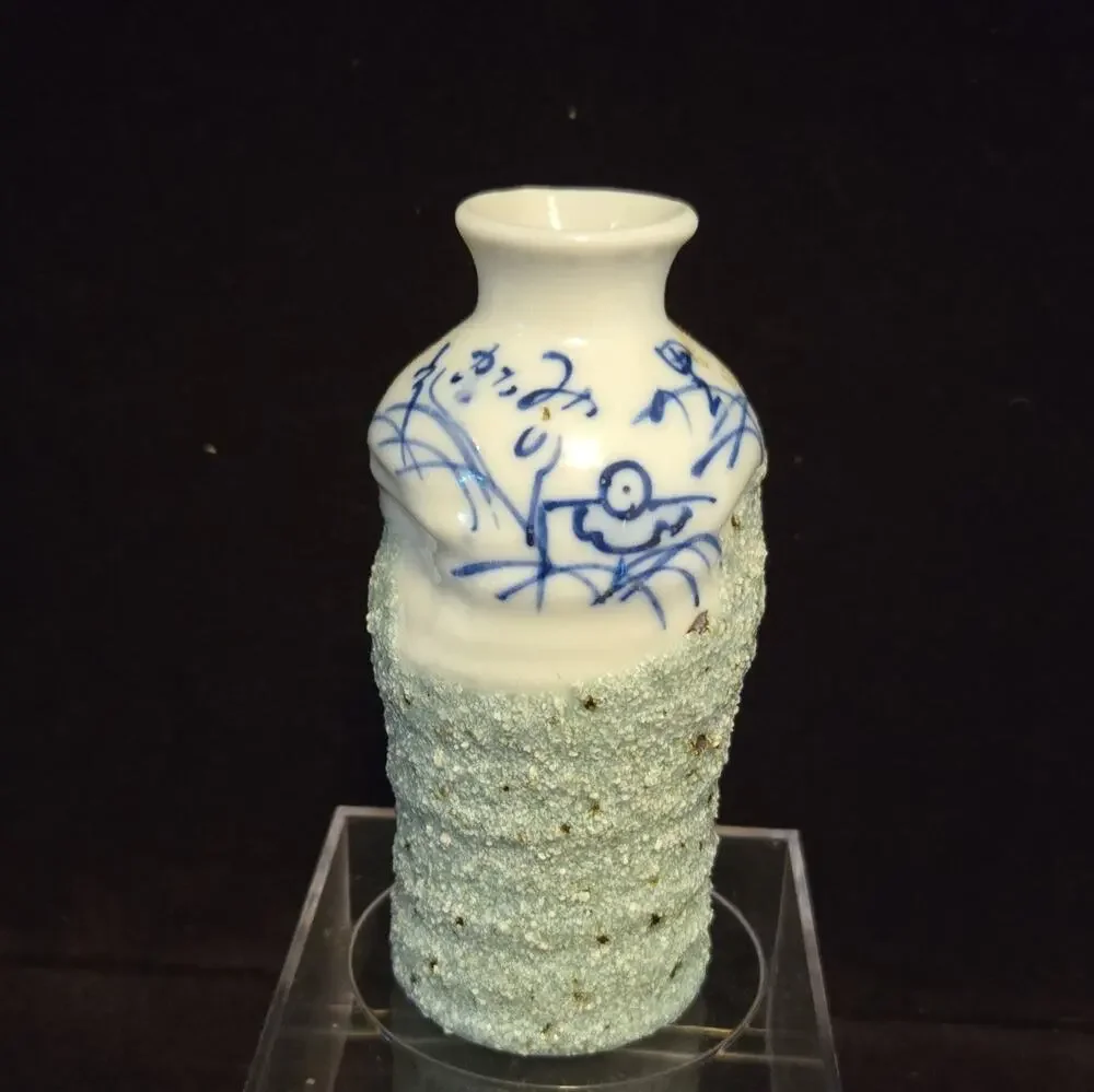 Vintage Japanese Tokkuri Sake Bottle Blue & White Ceramic Lava Glaze Textured